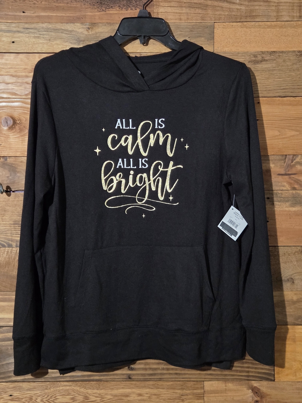 Holiday Time Women's M Black Christmas Hoodie All Is Calm All Is Bright